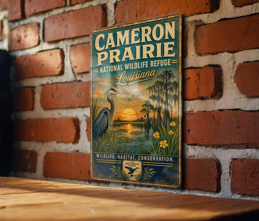 A vintage-style metal sign for the Cameron Prairie National Wildlife Refuge in Louisiana, featuring a serene landscape with a heron and palm trees.