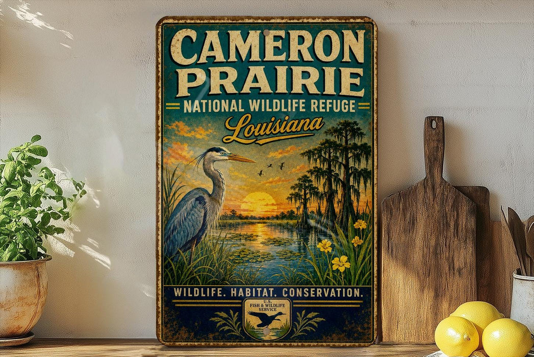a vintage-style sign for Cameron Prairie National Wildlife Refuge in Louisiana, with a serene landscape depicting a heron and a sunset over a body of water.