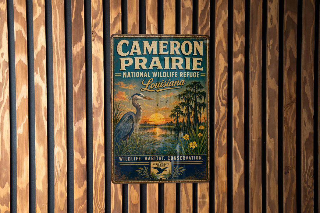 A vintage metal sign for the Cameron Prairie National Wildlife Refuge in Louisiana, featuring an illustration of a heron and a sunset over a body of water.