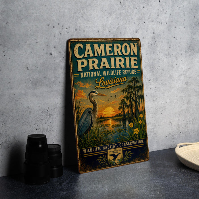 A vintage-style metal sign for Cameron Prairie National Wildlife Refuge in Louisiana, featuring an illustration of a heron and a sunset landscape.