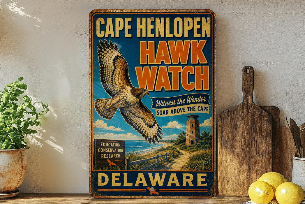 A vintage-style sign for Cape Henlopen Hawk Watch, featuring an illustration of a hawk in flight and a lighthouse in the background, with the text "Cape Henlopen Hawk Watch Witness the Wonder Soar above the Cape Delaware" and "Education Conservation Research" below.