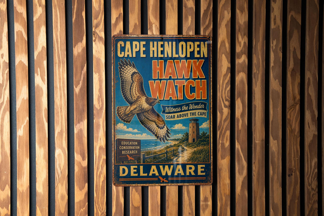 A vintage metal sign for Cape Henlopen Hawk Watch, featuring an illustration of a hawk in flight and text promoting the location.