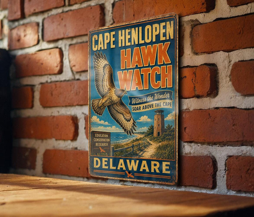A vintage metal sign for Cape Henlopen Hawk Watch hangs on a brick wall, featuring an illustration of a hawk in flight and text promoting the conservation and education efforts of the area.