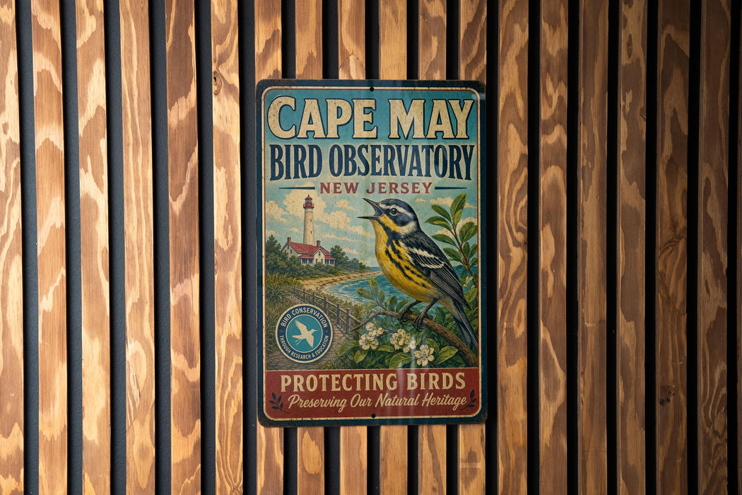 A vintage-style metal sign for Cape May Bird Observatory in New Jersey, featuring a bird illustration and text promoting birdwatching and natural heritage preservation.