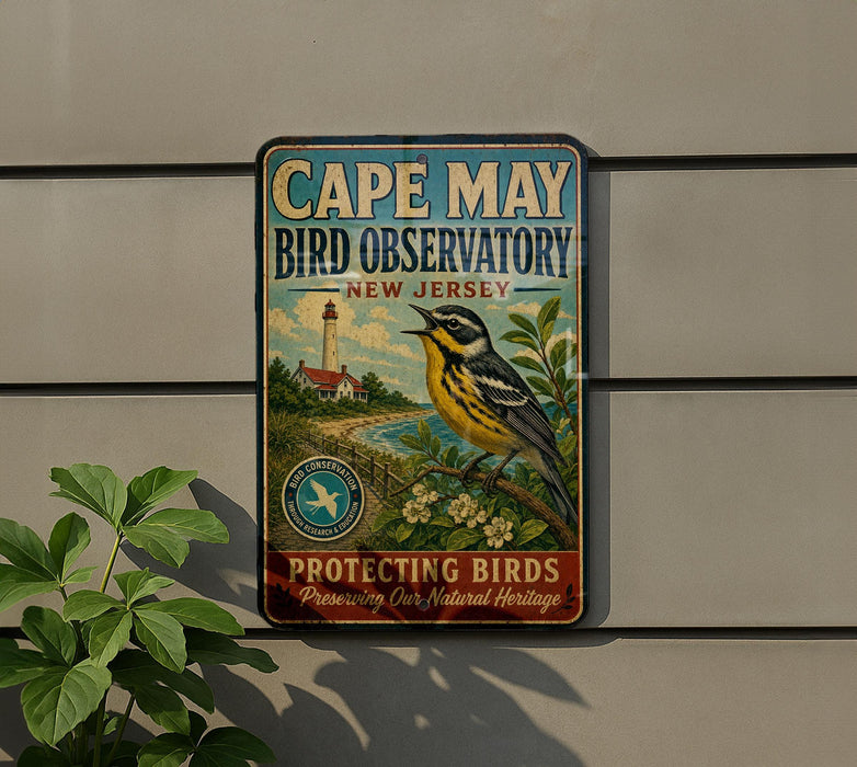 A vintage-style metal sign for Cape May Bird Observatory in New Jersey, featuring a colorful illustration of a bird and a lighthouse.