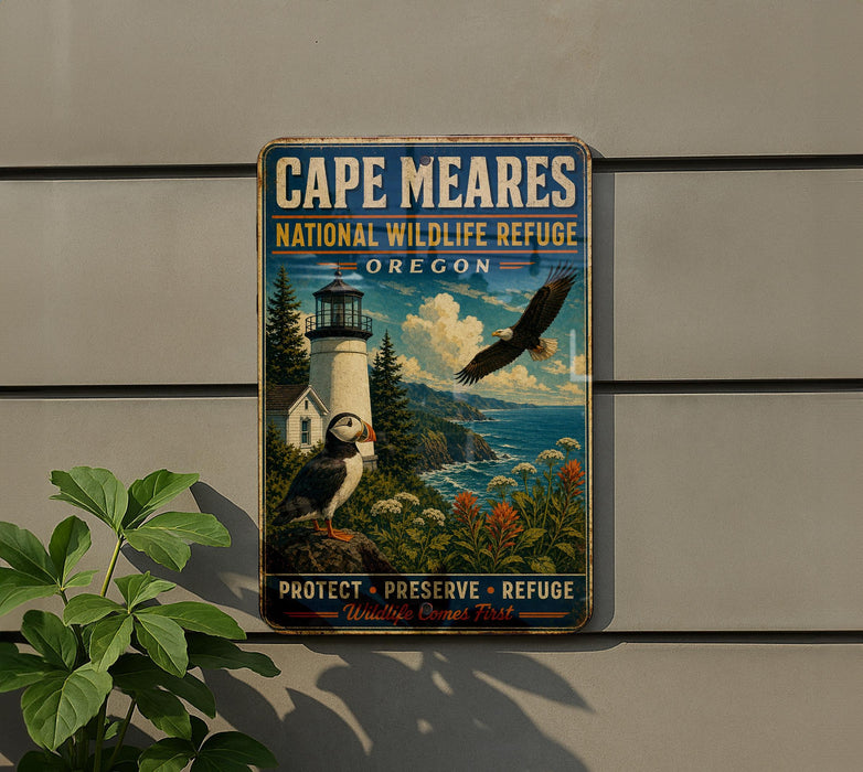 A vintage metal sign for Cape Meares National Wildlife Refuge in Oregon, featuring a lighthouse, puffins, and a bird in flight.