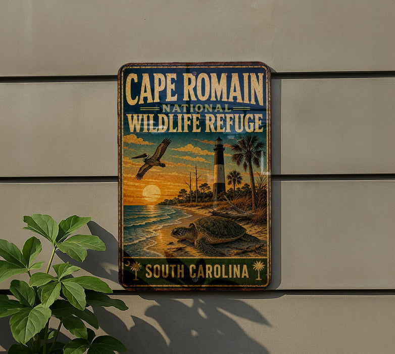 A vintage-style metal sign for the Cape Romain National Wildlife Refuge in South Carolina, featuring a seascape with a lighthouse and a bird in flight.