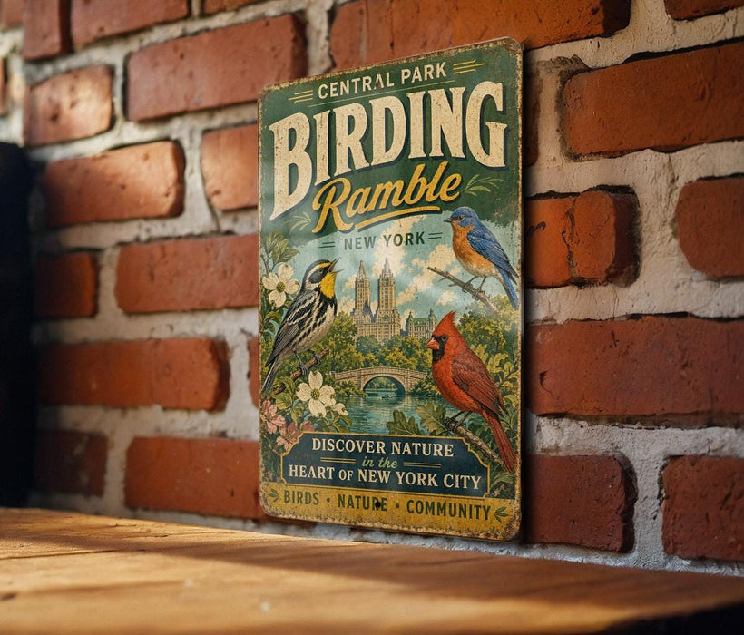 A vintage-style metal sign for Central Park's Birding Ramble, featuring illustrations of birds and a scenic background, is displayed on a brick wall.