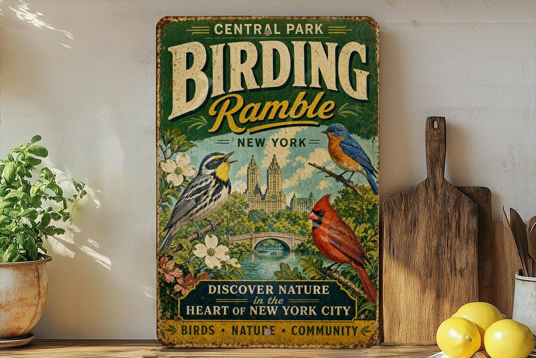A vintage-style metal sign for Central Park's Birding Rumble, featuring illustrations of birds and nature, is displayed on a shelf next to a wooden cutting board and some lemons.