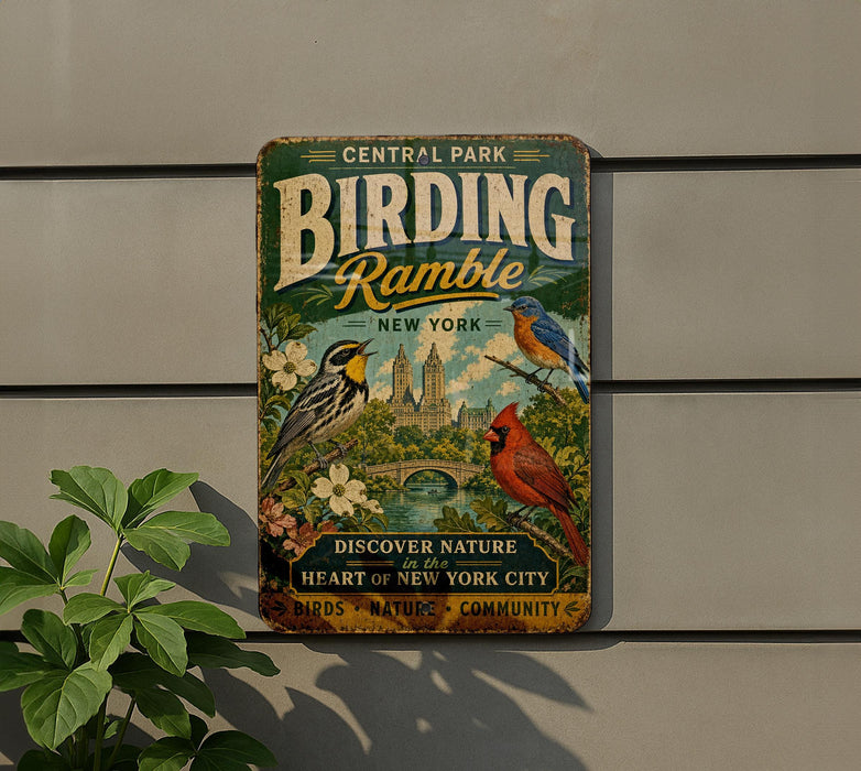 A vintage-style metal sign for Central Park's Birding Ramey, featuring illustrations of birds and a scenic background.