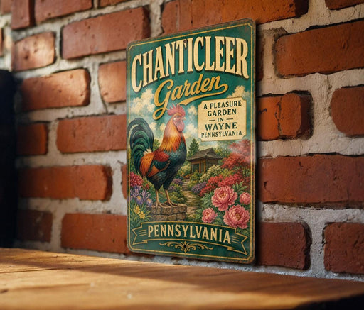 A vintage-style metal sign for the "Chanticleer Garden" in Pennsylvania, featuring a rooster and colorful flowers.