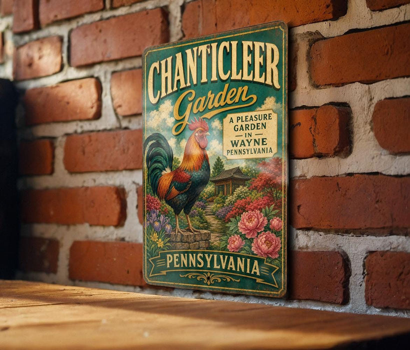 A vintage-style metal sign for the "Chanticleer Garden" in Pennsylvania, featuring a rooster and colorful flowers.