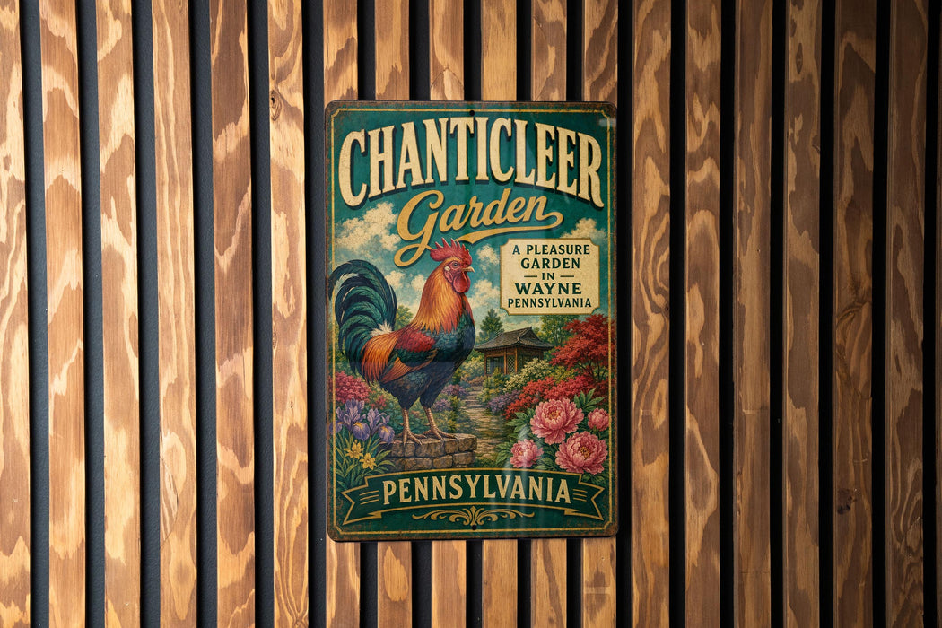 A vintage metal sign for "Chanticleer Garden" in Pennsylvania, featuring a rooster and colorful flowers.