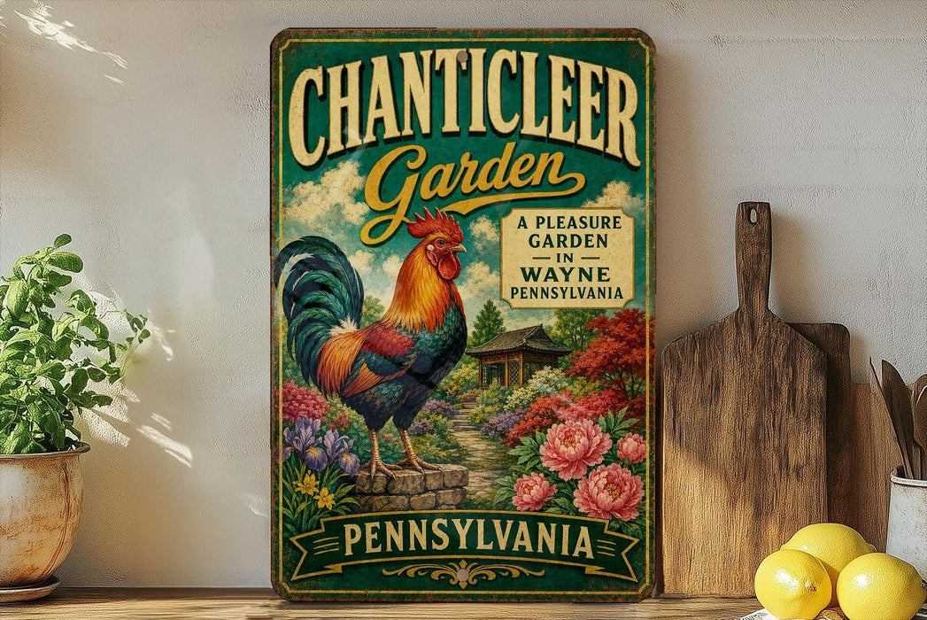 A vintage-style metal sign for "Chanticleer Garden" in Pennsylvania, featuring a rooster and colorful flowers, is displayed on a shelf next to a wooden cutting board and some potted plants.