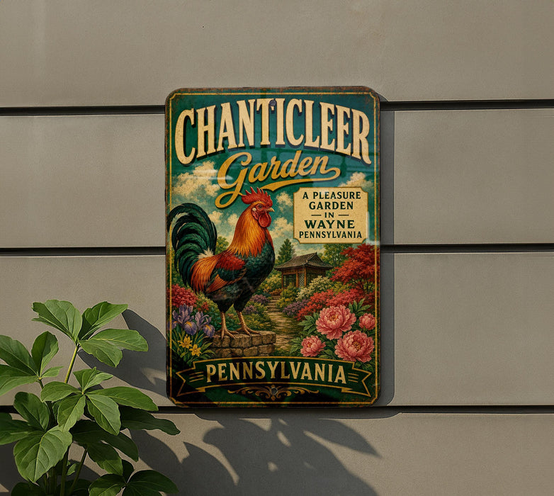 A vintage-style metal sign for the "Chanticleer Garden" in Wayne, Pennsylvania, featuring a rooster and colorful flowers.