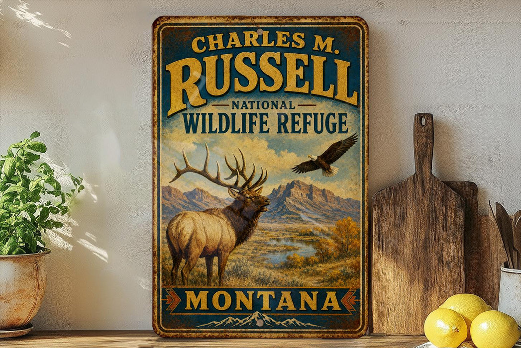 A vintage-style metal sign for Charles M. Russell National Wildlife Refuge in Montana, featuring an elk and a bald eagle in a mountainous landscape.