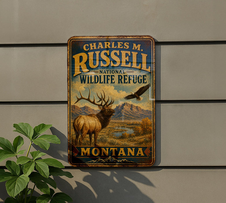 A vintage metal sign for Charles M. Russell National Wildlife Refuge in Montana, featuring an elk and a bird in a scenic landscape.