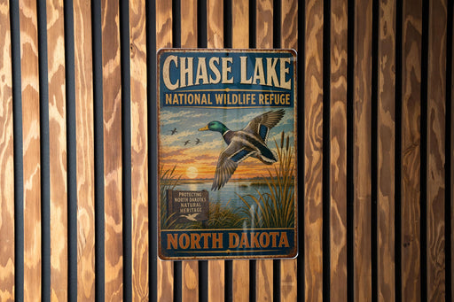 A vintage metal sign for the National Wildlife Refuge in North Dakota, featuring a duck in flight against a sunset background.