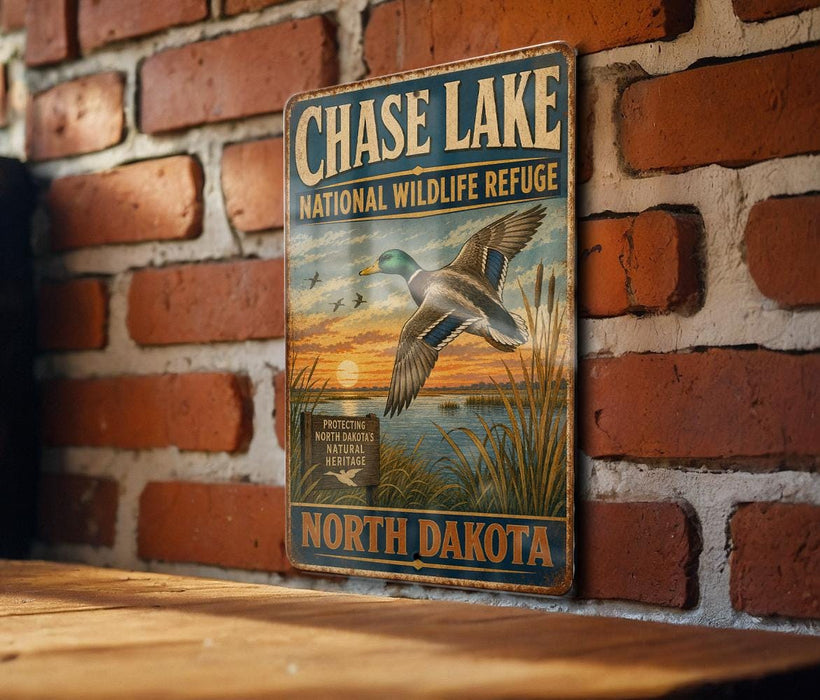 A vintage metal sign for Chase Lake, a National Wildlife Refuge in North Dakota, featuring a duck flying over a grassy landscape with a sunset in the background.