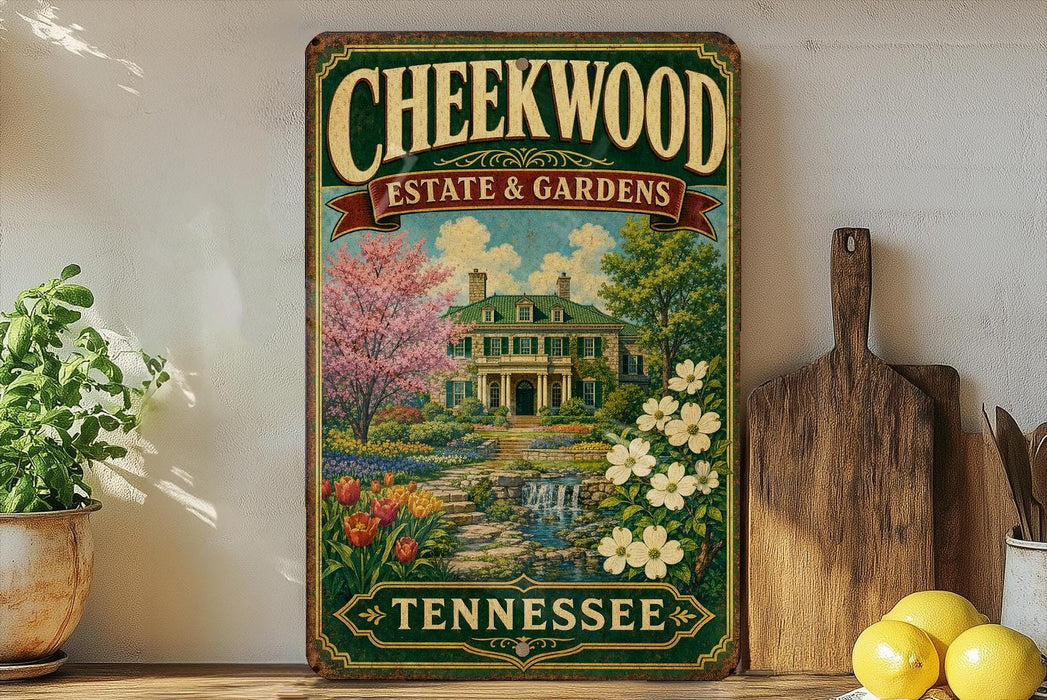 A vintage-style sign for Cheekwood Estate & Gardens in Tennessee, featuring a colorful illustration of a house surrounded by flowers and a garden.
