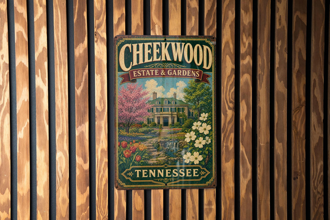 A vintage-style metal sign for Cheekwood Estate & Gardens in Tennessee, featuring a house surrounded by flowers and a pond.