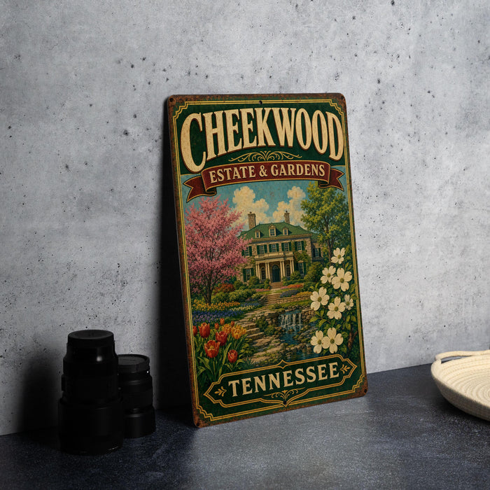 A vintage-style metal sign for Cheekwood Estate & Gardens in Tennessee, featuring a colorful illustration of a house surrounded by flowers and a garden.