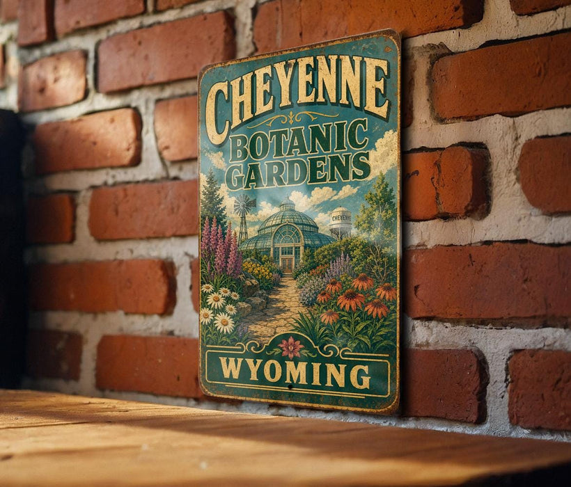 A vintage-style metal sign for Cheyenne Botanic Gardens in Wyoming, featuring a garden scene with a greenhouse and various plants.