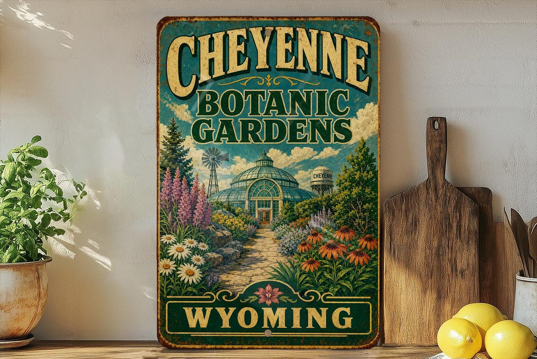 A vintage-style metal sign for Cheyenne Botanic Gardens in Wyoming, featuring a lush garden scene with a greenhouse and various plants.