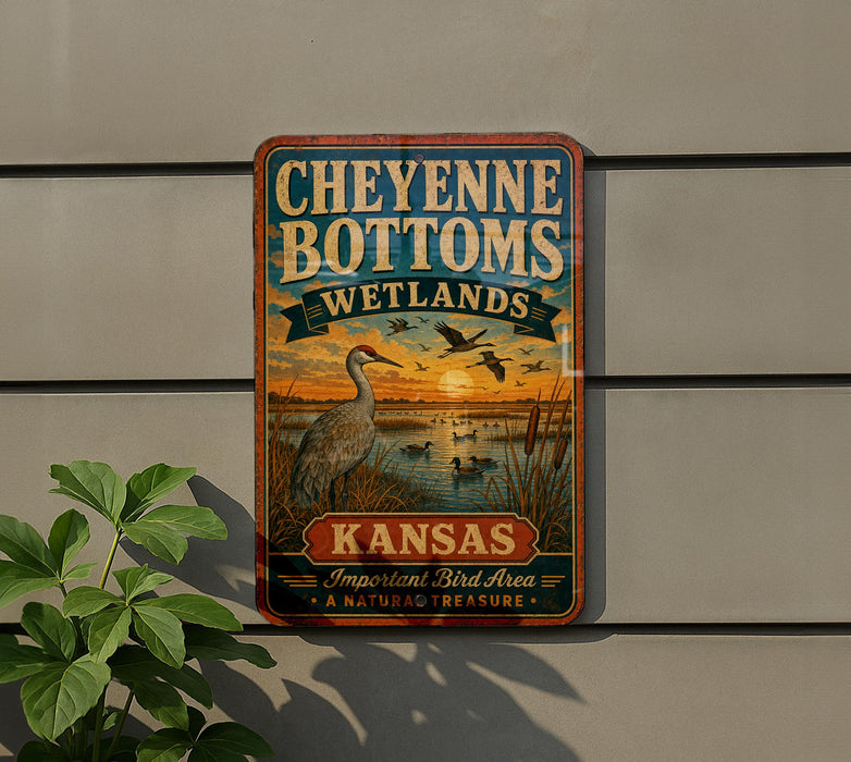 A vintage-style metal sign for Cheyenne Bottoms Wetlands in Kansas, featuring an illustration of a bird and a sunset over a lake.