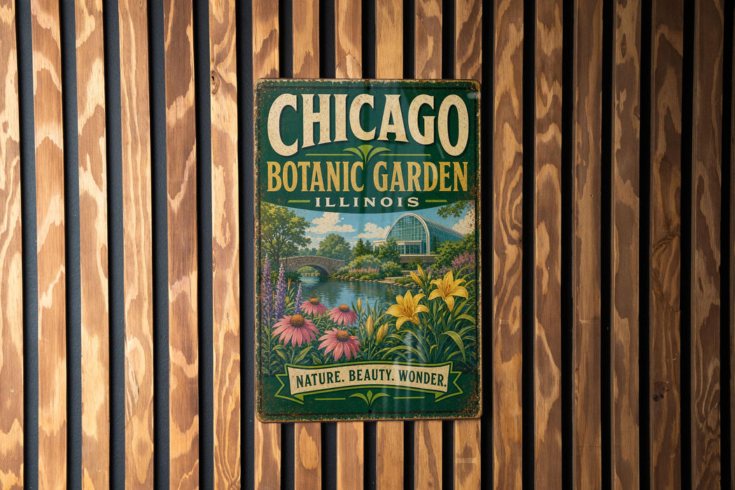 A vintage-style metal sign for the Chicago Botanic Garden in Illinois, featuring a scenic illustration of the garden and its surroundings.