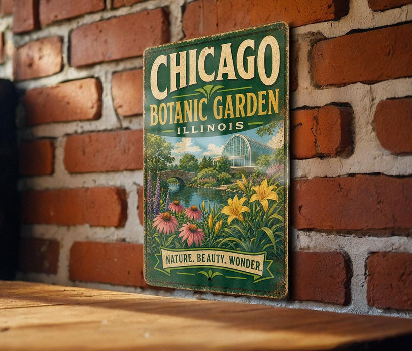 A vintage-style metal sign for the Chicago Botanic Garden in Illinois, featuring a scenic illustration of the garden and a bridge.