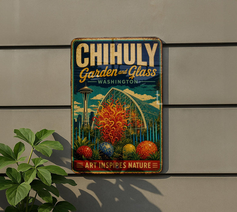 A vintage metal sign advertising Chihuly Garden and Glass in Washington, featuring an illustration of a greenhouse and various plants.