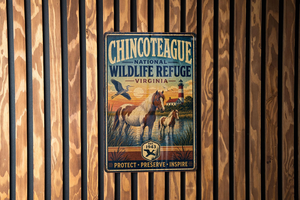 A vintage-style metal sign for the Chincoeteague National Wildlife Refuge in Virginia, featuring an illustration of horses and a lighthouse.