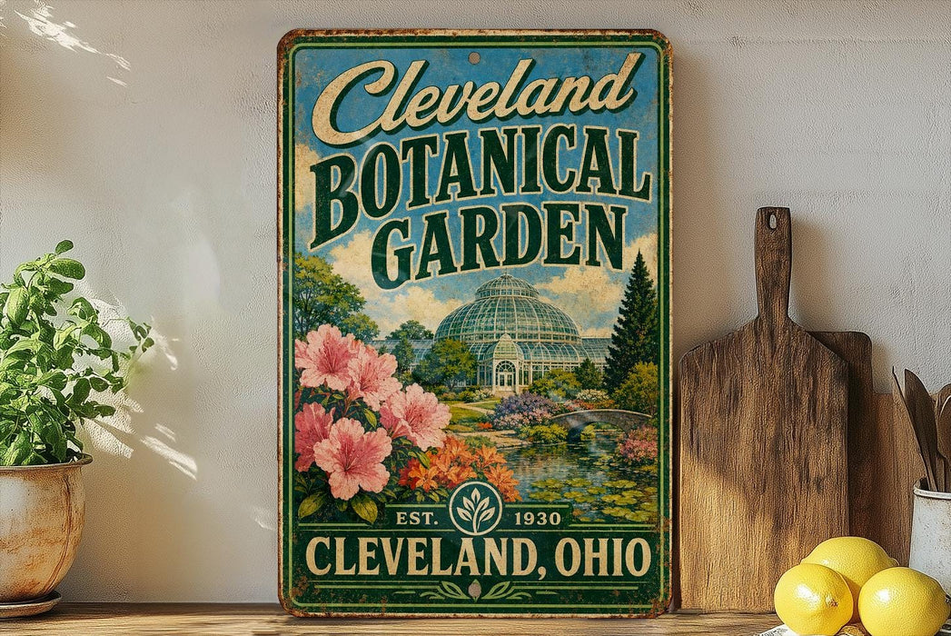 A vintage-style metal sign for the Cleveland Botanical Garden, featuring a colorful illustration of the greenhouse and surrounding landscape.
