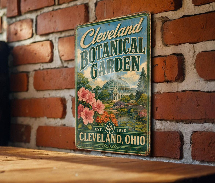 A vintage-style metal sign for the Cleveland Botanical Garden, featuring a lush garden scene with a greenhouse and flowers, mounted on a brick wall.