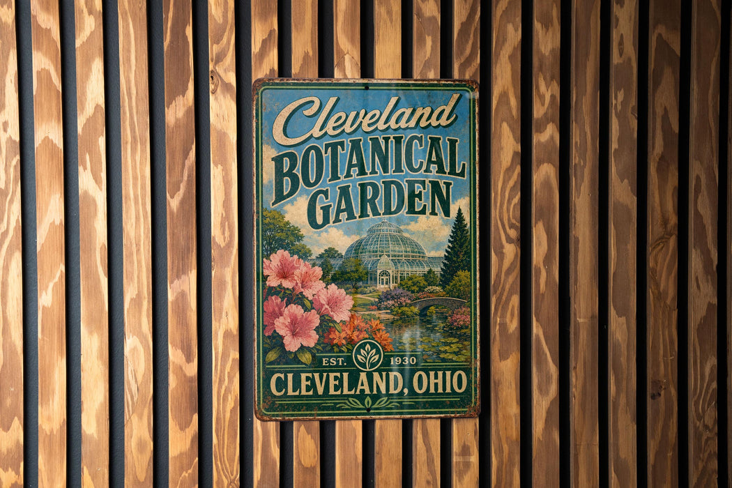 A vintage-style metal sign for the Cleveland Botanical Garden, featuring a colorful illustration of the garden and a prominent text that reads "Cleveland Botanical Garden".