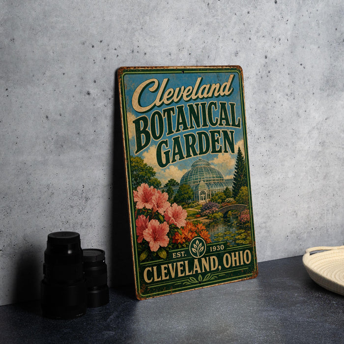 A vintage-style metal sign for the Cleveland Botanical Garden, featuring a colorful illustration of the greenhouse and flowers.