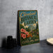 A vintage-style metal sign for the Cleveland Botanical Garden, featuring a colorful illustration of the greenhouse and flowers.