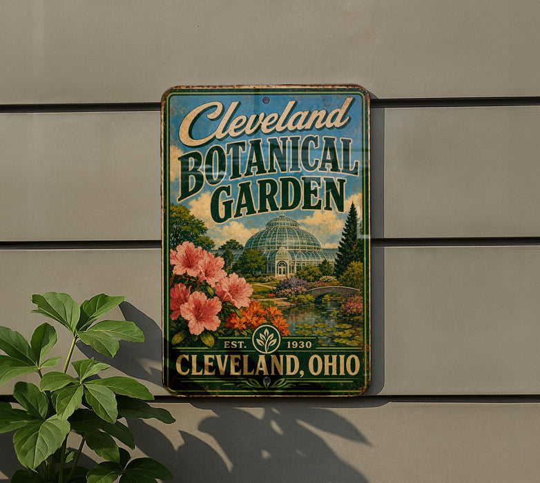 A vintage-style metal sign for the Cleveland Botanical Garden, featuring a large greenhouse and colorful flowers, is displayed on a wall.