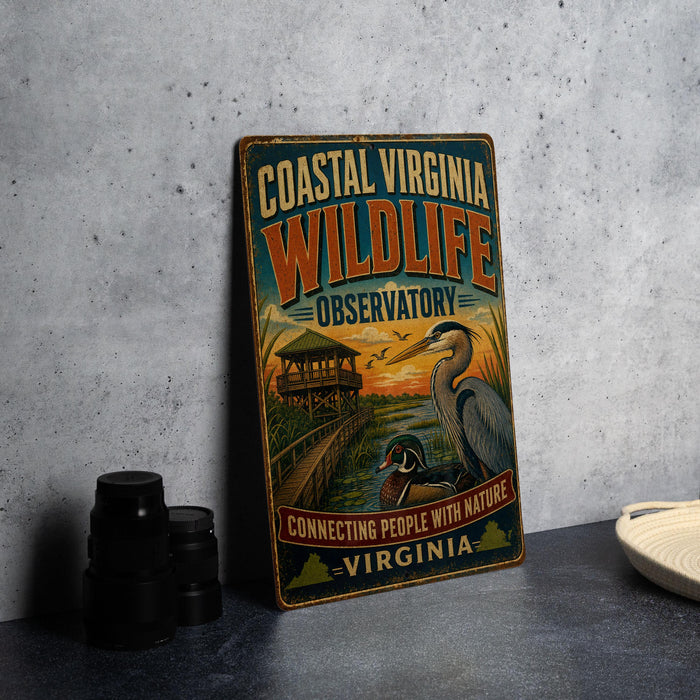 A vintage-style metal sign for the Coastal Virginia Wildlife Observation, featuring an illustration of a bird and a wooden structure, with the text "Connecting people with nature" and "VIRGINIA" below.