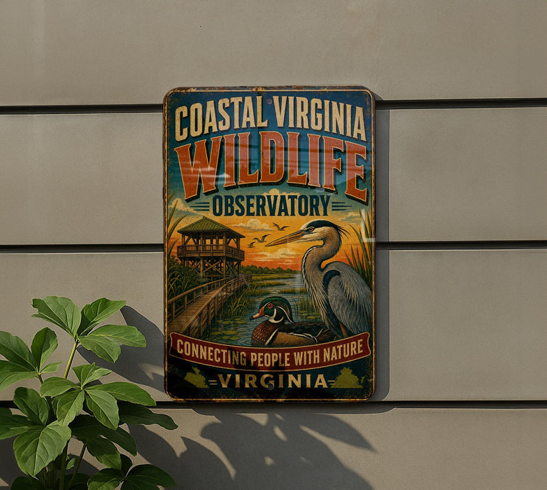 A vintage-style metal sign for the Coastal Virginia Wildlife Observation, featuring an illustration of a bird and a wooden structure, mounted on a wall.