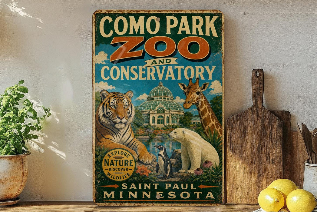 a vintage-style sign for Como Park Zoo and Conservatory, with illustrations of various animals such as a tiger, giraffe, and polar bear, along with a building and a pond. The sign is displayed on a shelf next to a wooden cutting board and some lemons.