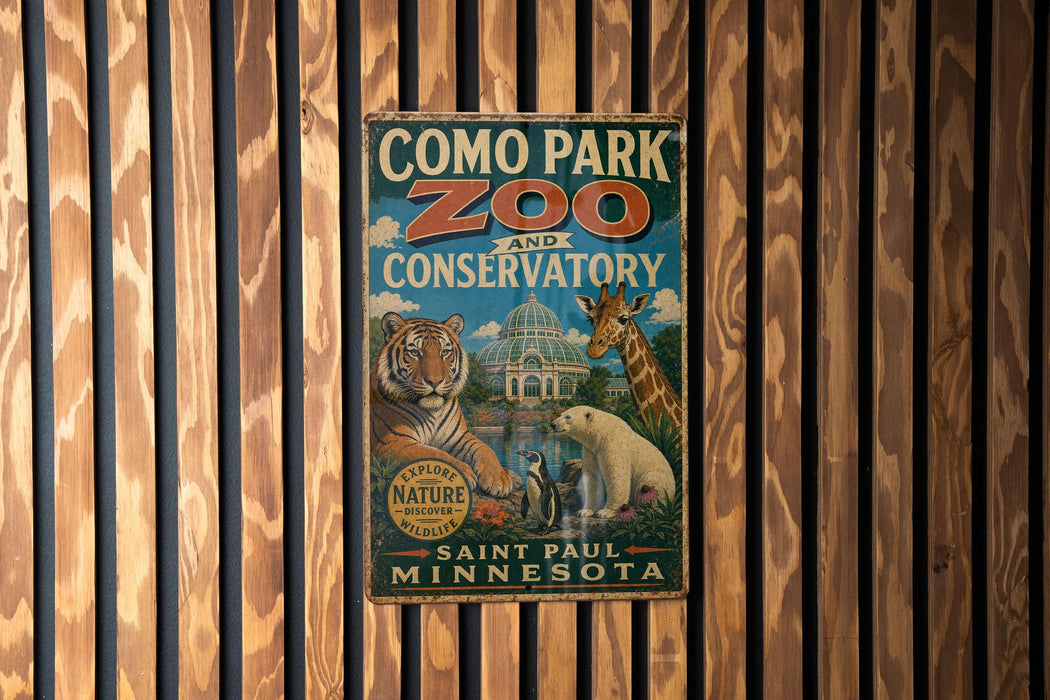 A vintage-style metal sign for Como Park Zoo and Conservatory, featuring illustrations of various animals and a building.