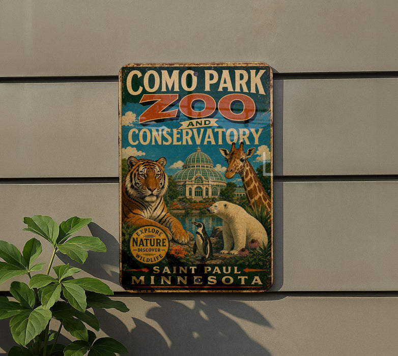 a vintage-style sign for the Como Park Zoo and Conservatory, with illustrations of various animals such as a tiger, giraffe, and polar bear.