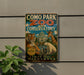 a vintage-style sign for the Como Park Zoo and Conservatory, with illustrations of various animals such as a tiger, giraffe, and polar bear.