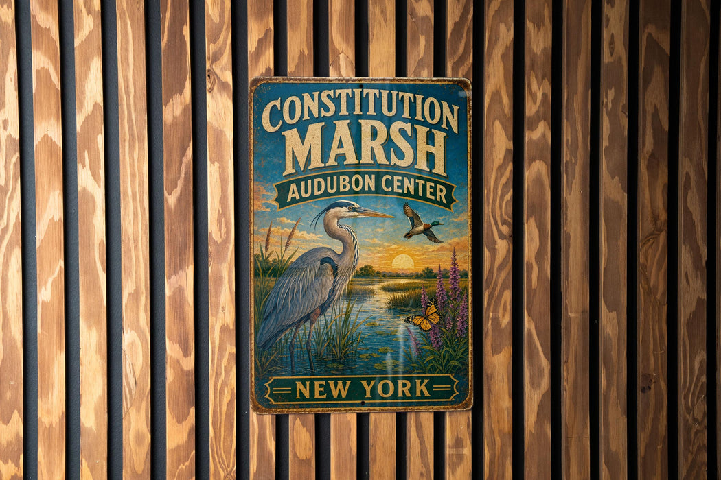 A vintage metal sign for the Constitution Marsh Audubon Center in New York, featuring an illustration of a heron and a sunset.