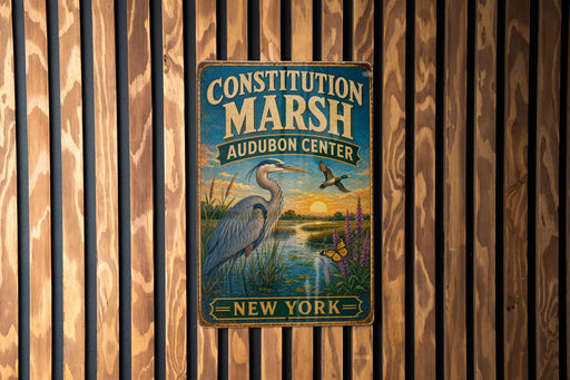 A vintage metal sign for the Constitution Marsh Audubon Center in New York, featuring an illustration of a heron and a sunset.