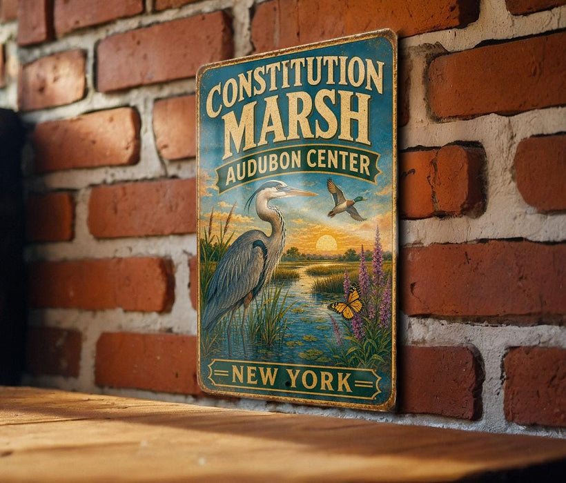 A vintage metal sign with the text "CONSTITUTION MARSH AUDUBON CENTER NEW YORK" is displayed on a brick wall.