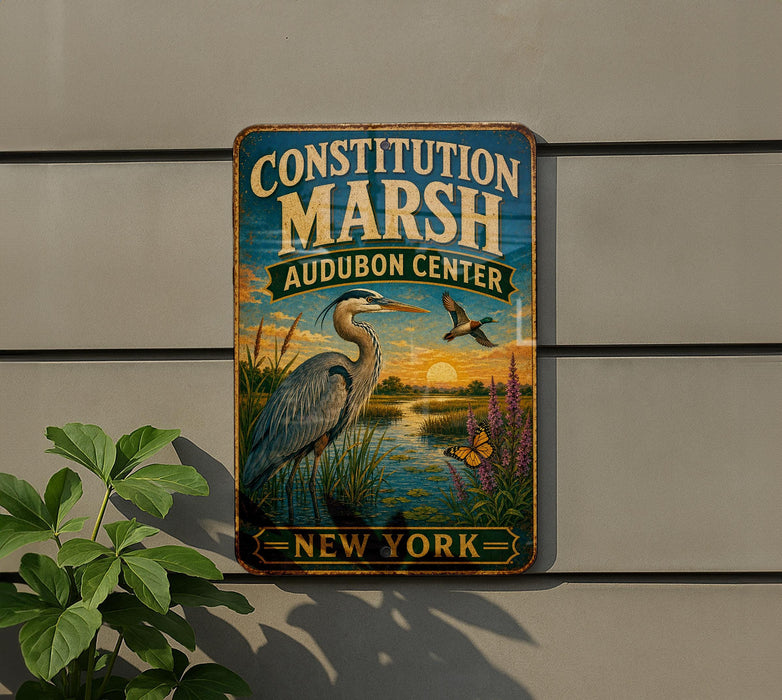 a vintage-style metal sign with a bird and flowers, mounted on a wall.