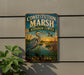 a vintage-style metal sign with a bird and flowers, mounted on a wall.